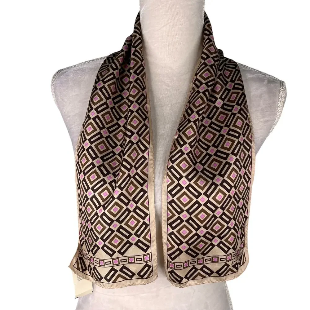 Vintage Ann Taylor Silk Scarf Geometric Brown Beige Pink New